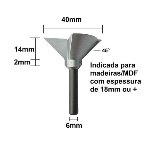 FRESA PARA PUXADOR 45º PARA MDF DE ESPESSURA 18MM E HASTE 6MM - RADIX