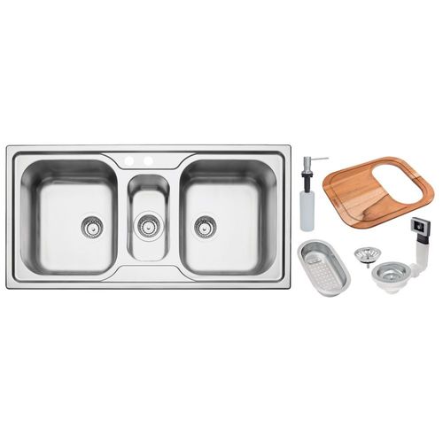 CUBA DE SOBREPOR EM AÇO INOX COM ACABAMENTO ACETINADO 100X50CM COM VÁLVULA, DOSADOR, TÁBUA E CESTO 93831103 - TRAMONTINA