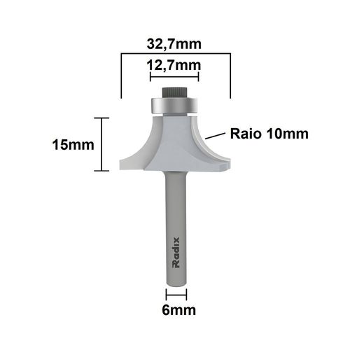 FRESA RAIO 10MM E HASTE DE 6MM COM ROLAMENTO - RADIX