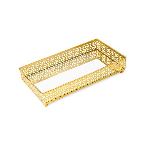 BANDEJA RETANGULAR 24X12,8CM EM METAL DOURADO COM ESPELHO REF. 09616 - MOAS