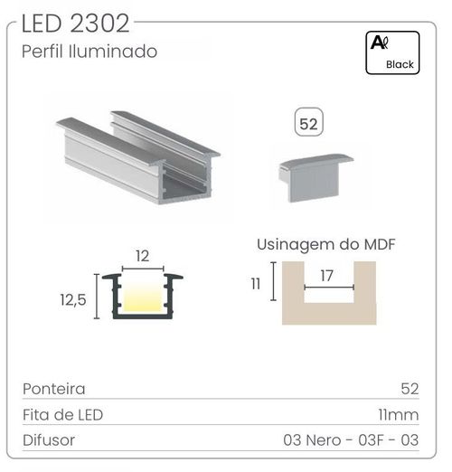 PERFIL PARA FITA DE LED DE EMBUTIR EM ALÚMINIO REF. 2302 - ALTERNATIVA
